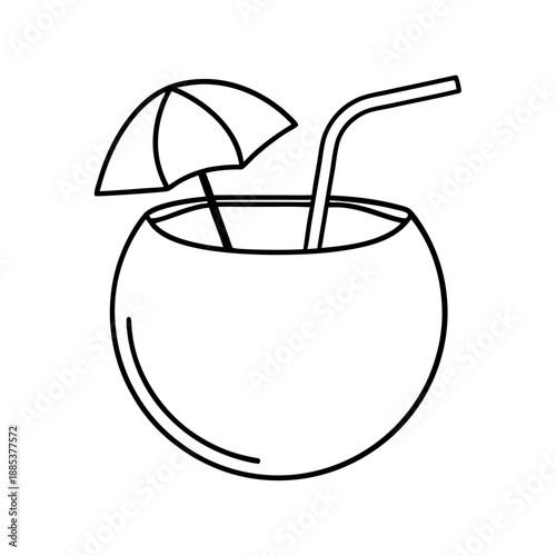 Coconut drink with umbrella and straw in minimal line art style  