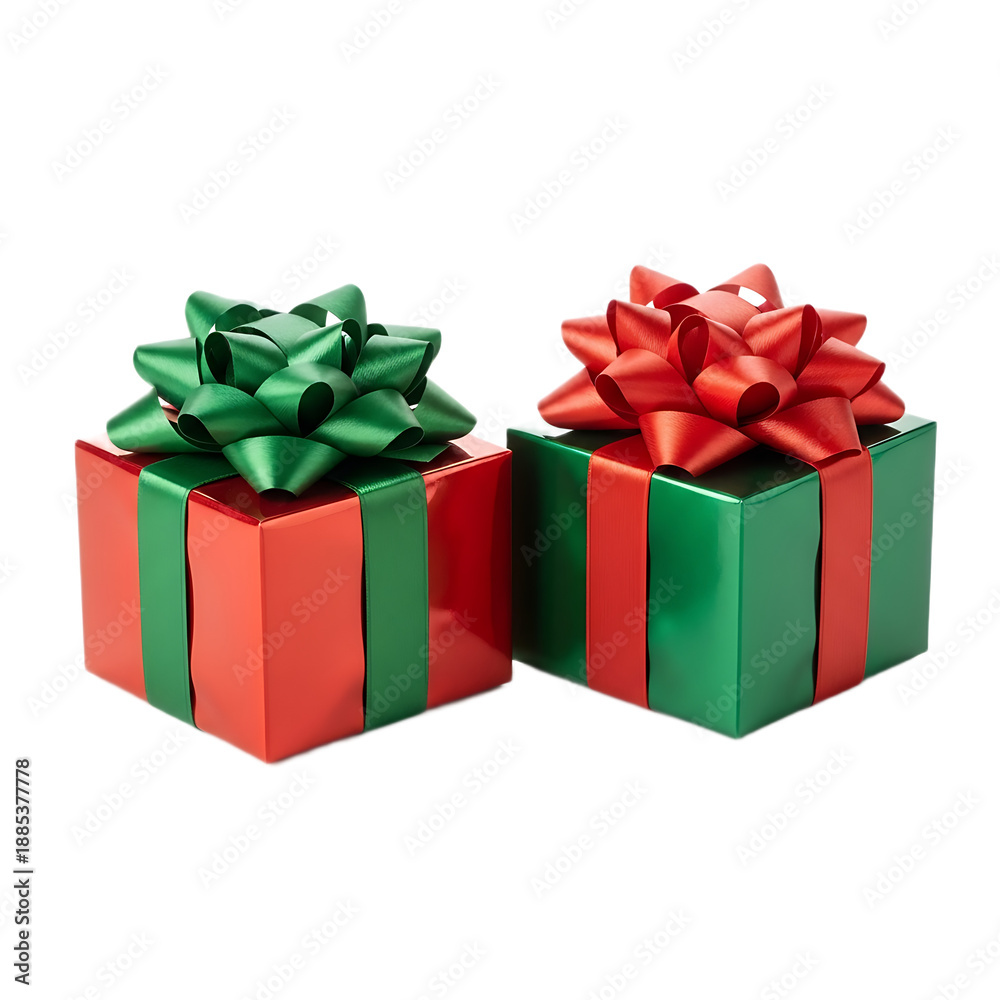 Obraz premium Two brightly colored gift boxes with festive green and red ribbons are presented against a stark black background