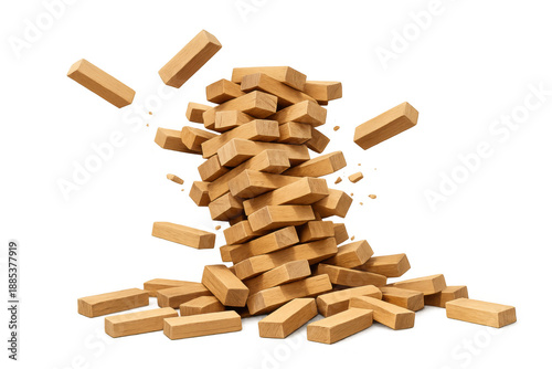 Wooden blocks collapsing and scattering, symbolizing chaos, crisis, or a precarious situation on a transparent background