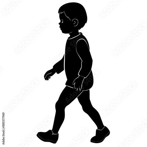 Curious child silhouette in black vector, walking on tiptoes, suggesting stealth, exploration, or playful mischief on a clean white background.