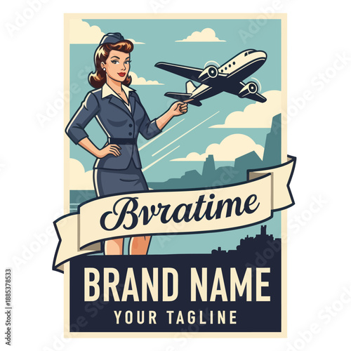 Flight Attendant Holding Plane Cartoon Illustration.
