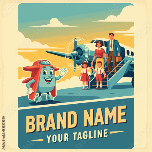 Cartoon Character Mascot with Family on Plane.