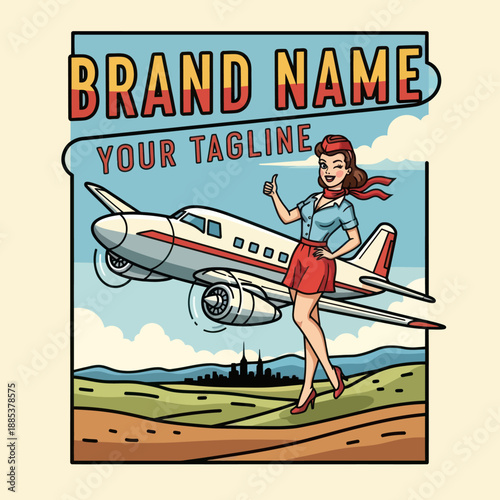 Woman Standing Beside Cartoon Airplane Illustration.