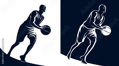 A stylized vector illustration of a basketball player in action, holding the ball