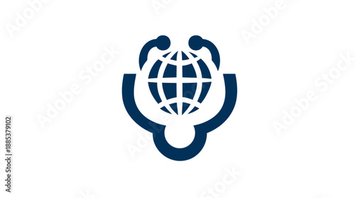 A dark blue graphic featuring a globe with a medical symbol shape enveloping it on a white background