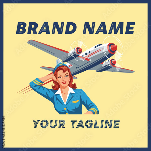 Vintage Airline Hostess with Plane Illustration.