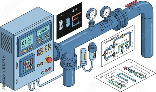 Industrial control system illustration showing pipes, valves, and monitoring screens for process management