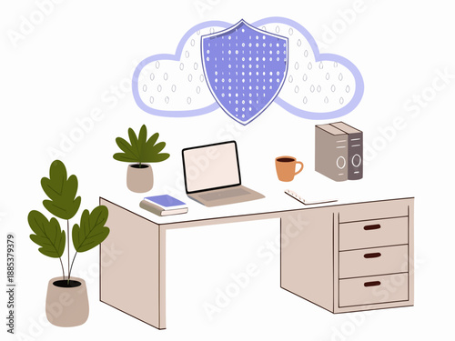 Secure cloud data protects a modern workspace with laptop and office plants