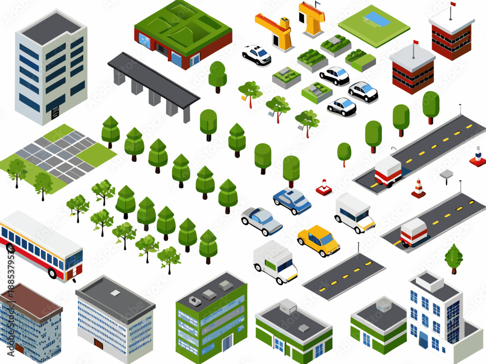 Obraz premium Isometric city elements buildings roads trees vehicles and infrastructure