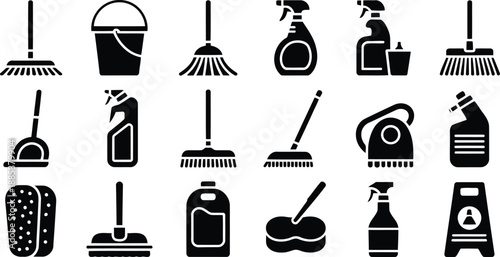 A collection of black and white icons representing various essential cleaning tools and supplies on a simple background