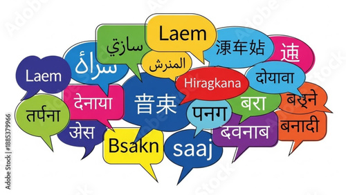 Collection of colorful speech bubbles with different languages and scripts representing global communication and diversity ideal for translation services or international concepts