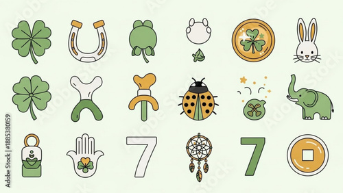 Collection of lucky charms and symbols including shamrocks horseshoes and four-leaf clovers flat vector icons for St Patricks Day and good fortune concepts