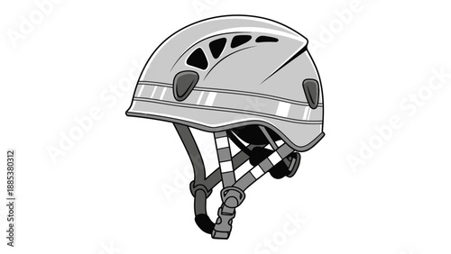 Monochromatic illustration of a climbing or safety helmet with ventilation holes and chin strap