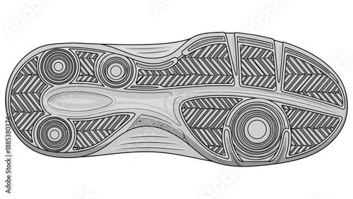 Outsole drawing of a gray athletic shoe with circular pivot points and herringbone traction