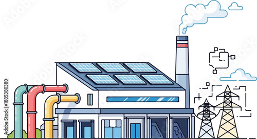 Industrial facility with solar panels and smokestack emitting smoke near power lines and transmission towers in a graphic illustration