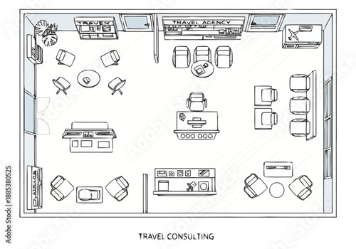 Top Down View Of A Travel Agency Office Layout With Waiting Area Desks And Consultation Stations Ready For Clients Seeking Vacations layout