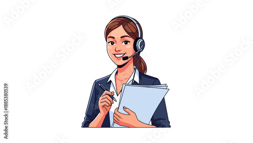 Smiling customer service agent with headset pen and documents
