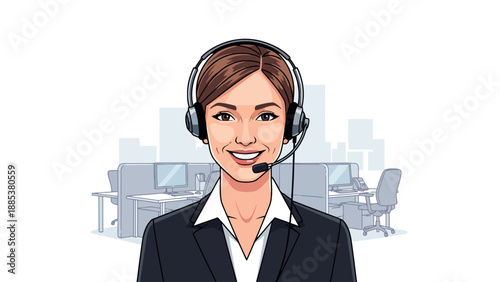 Smiling female call center agent with headset in an office cubicle setting