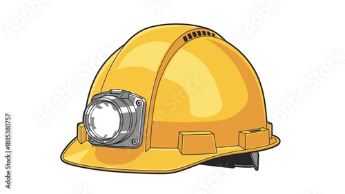 Yellow hard hat with attached headlamp on a white background