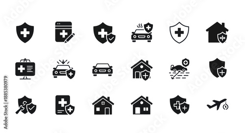 A grid of black insurance and protection icons featuring shields vehicles homes and medical symbols