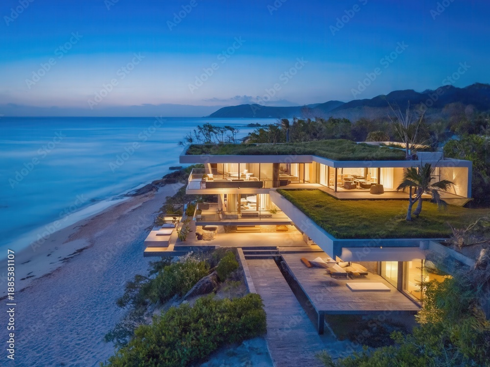 Fototapeta premium Modern beachfront villa with large windows and a green roof. The property overlooks the ocean at dusk, showcasing luxury real estate in a serene environment.
