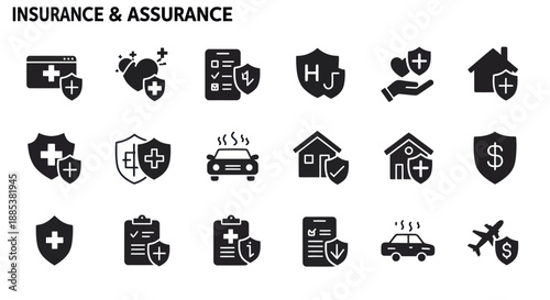 A grid of blackandwhite icons representing various types of insurance and assurance