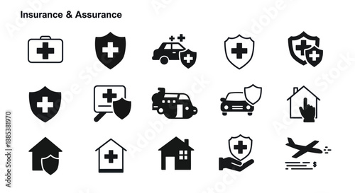 A grid of fifteen black and white insurance and assurance icons