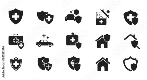 A grid of fifteen black and white icons related to insurance and protection services