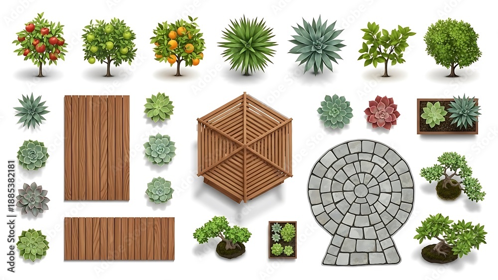 Fototapeta premium Collection of garden elements including trees fences and pathways isolated on white background