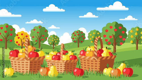 Vector illustration of baskets full of fruits in a lush orchard landscape, 246.eps reference