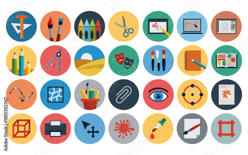 Set of graphic design and art tools vector icons in flat style