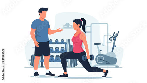 Vector illustration of a personal trainer guiding a woman exercising with dumbbells in a gym setting from a front viewpoint 241.eps