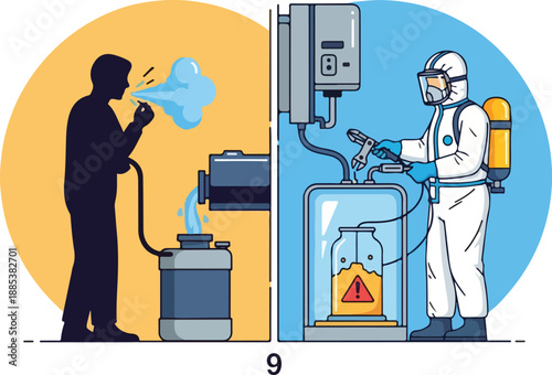 Workers in protective gear spraying chemicals in an industrial setting with caution