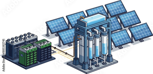 Solar panels power industrial water filtration system with green batteries