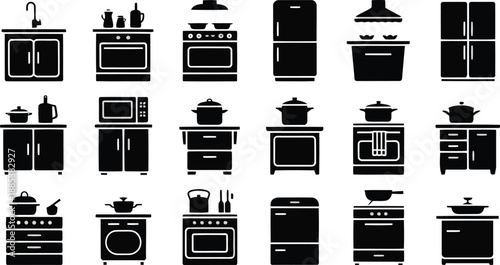 A collection of common kitchen appliances and cooking utensils presented as clear silhouette icons