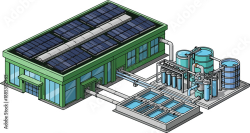 A green building with solar panels on the roof next to a water treatment facility