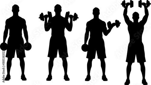 Gym fitness silhouette set showing man performing dumbbell exercises in different poses, strength training workout, bodybuilding and healthy active lifestyle illustration isolated on white background