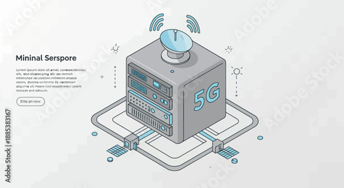 Isometric illustration of a 5G server unit with a satellite dish and surrounding infrastructure elements