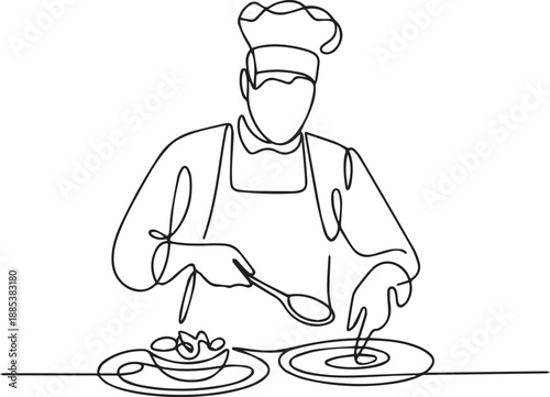 A chef is carefully preparing a meal in a kitchen from a frontal viewpoint