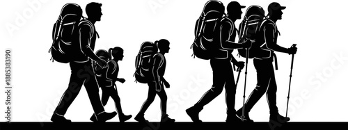 Hiking family silhouettes with backpacks trekking outdoors, adventure travel concept showing parents and children walking together, mountain hiking expedition vector illustration isolated on white