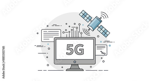 Flat design illustration featuring a monitor displaying 5G a satellite and network elements