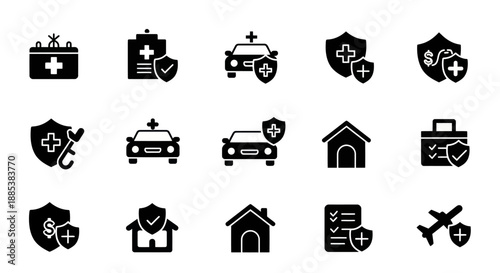 Fifteen black silhouette icons related to health car and property insurance coverage