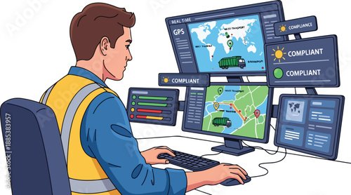 Man working on computer with multiple monitors displaying maps and complaints in office