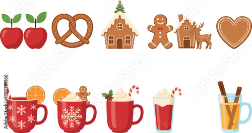 Set of Christmas winter treats with gingerbread house, cookies, red apples and hot cocoa mugs