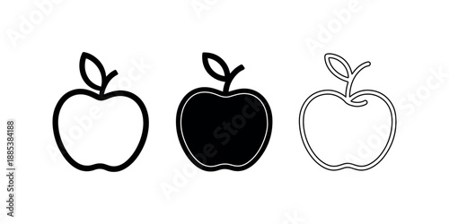 Apple fruit icons set vector illustration showing healthy nutrition food in three different styles outline filled and line art isolated design element
