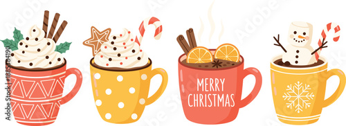 Set of Christmas hot chocolate mugs with whipped cream, gingerbread, candy cane and marshmallow snowman
