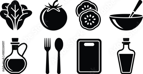 A collection of essential cooking and kitchen utensil icons presented in black and white minimalist style