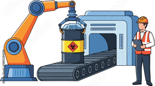 Industrial worker operates robotic arm handling hazardous material via RJ Whisk Auto system efficiently