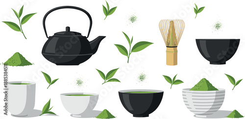 Set of matcha green tea ceremony elements with teapot, bamboo whisk, bowls and green tea leaves