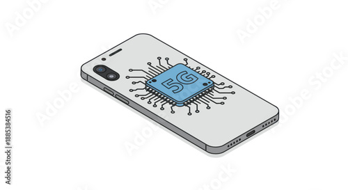 Isometric illustration of a smartphone back with a central 5G circuit chip
